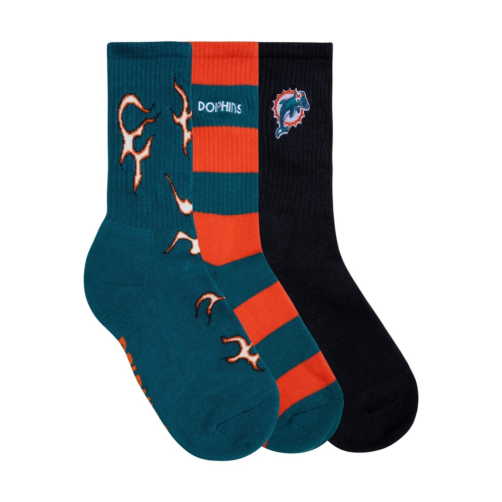 DOLPHINS 3PK SOCKS Teal Green Flame, Teal Green/Red Orange, Stretch Limo